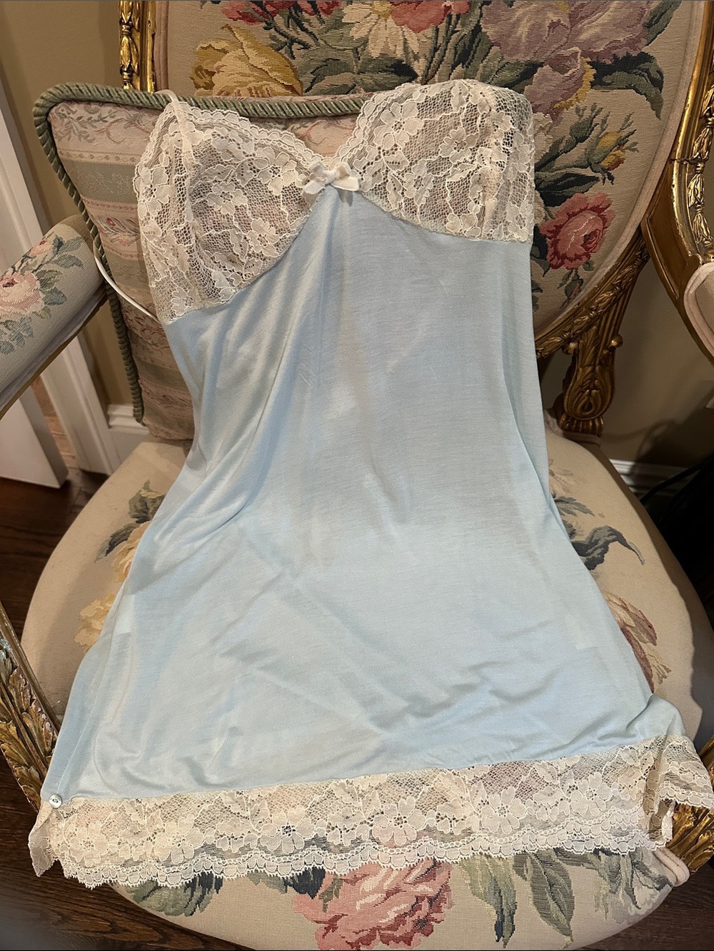 Vintage Silky Modal Light Blue & Cream Lace Slip Dress Nightgown XS